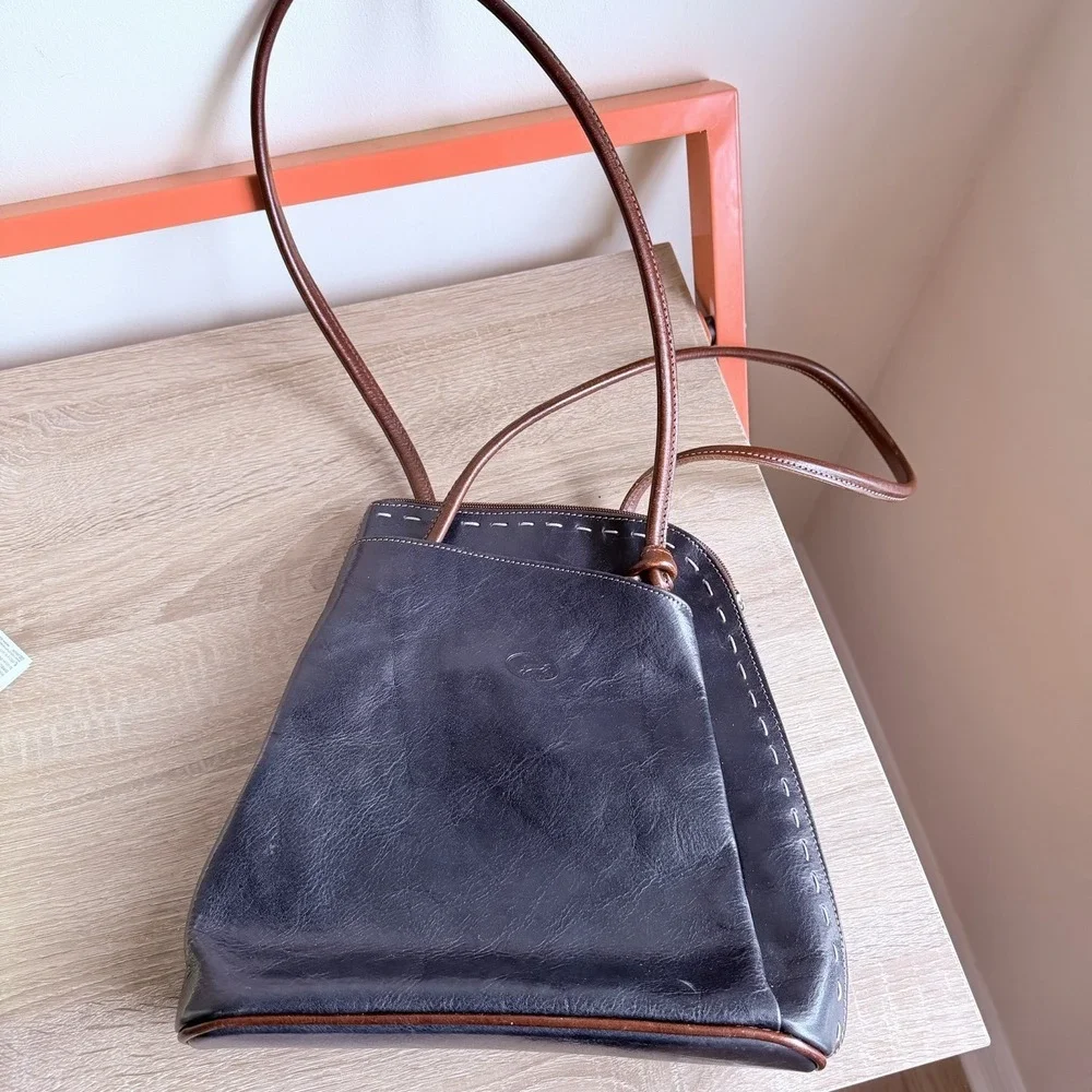 H Joe Stitched Leather Convertible Backpack Women's Navy‎ Brown Made in ITALY